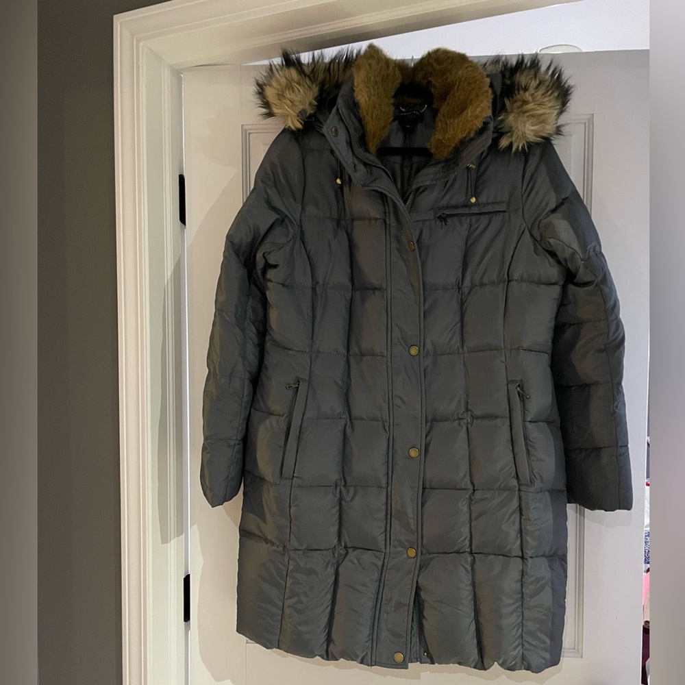 Lands' End Gray Puffer Coat with Faux Fur Hood